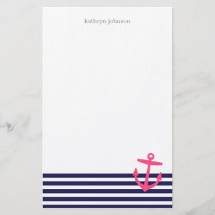 Navy Blue & Pink Nautical Stripes und Niedlicher A Briefpapier