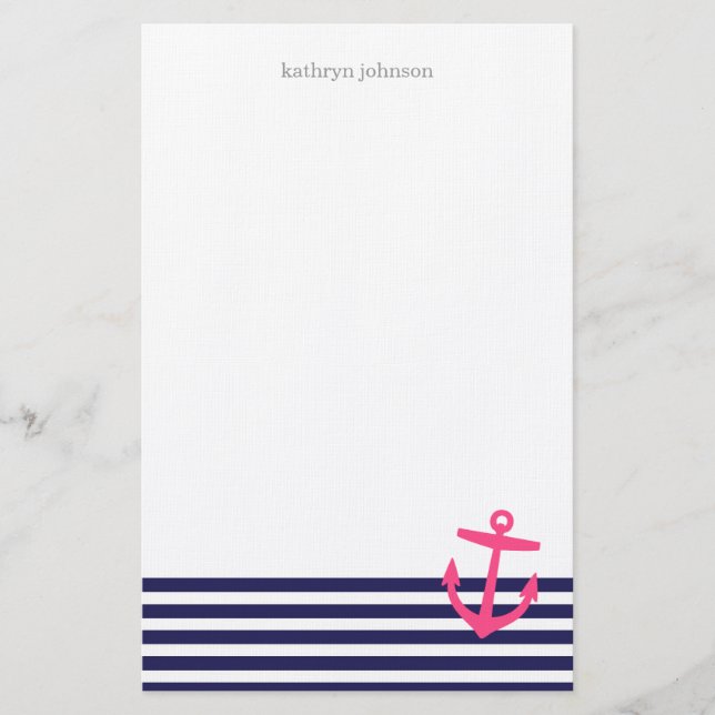 Navy Blue & Pink Nautical Stripes und Niedlicher A Briefpapier (Vorderseite)