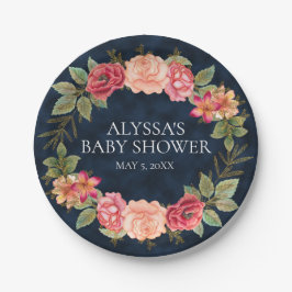 Navy Blue Pink Red Floral Custom Baby Dusche Pappteller