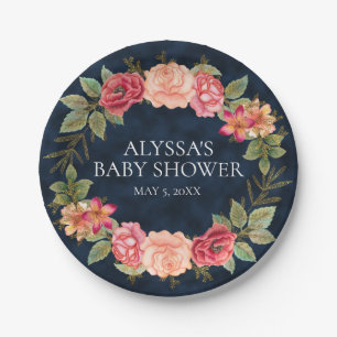 Navy Blue Pink Red Floral Custom Baby Dusche Pappteller