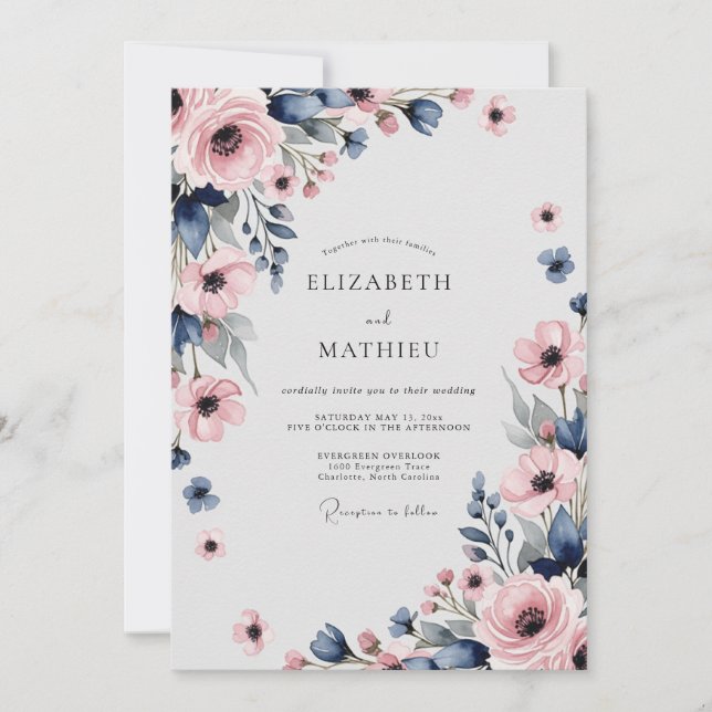 Navy Blue Pink Sophisticated Spring Wedding Einladung (Vorderseite)