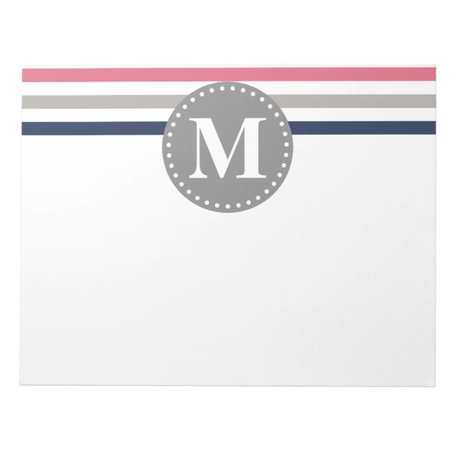 Navy Blue Pink Striping Muster Monogram Notizblock (Vorderseite)