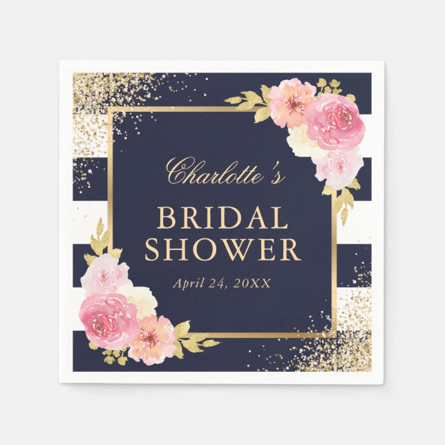 Navy Blue Pink Watercolor Floral Brautparty Serviette (Vorderseite)