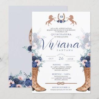 Navy Blue Pink Western Boots Charra Quinceanera in Einladung