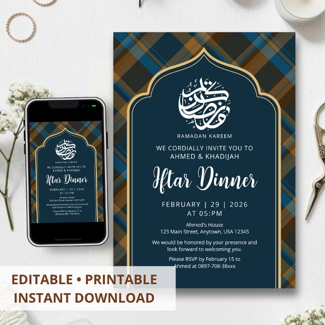 Navy Blue Plaid Frame Ramadan Iftar Invitation Einladung (Von Creator hochgeladen)