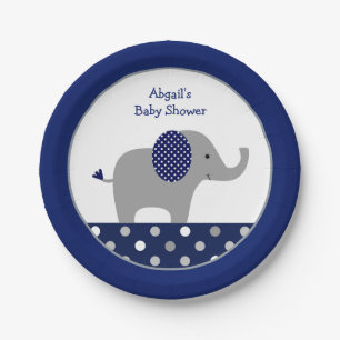 Navy Blue Polka Dot Elephant Baby Dusche Pappteller