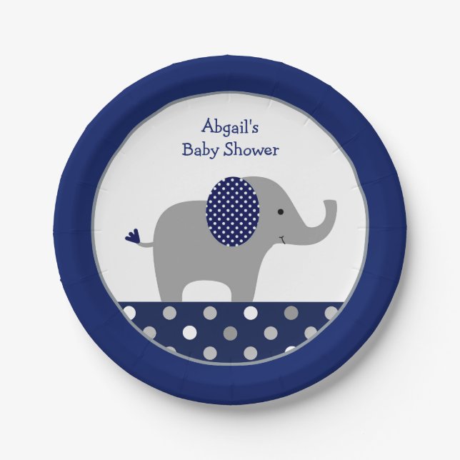 Navy Blue Polka Dot Elephant Baby Dusche Pappteller (Vorderseite)