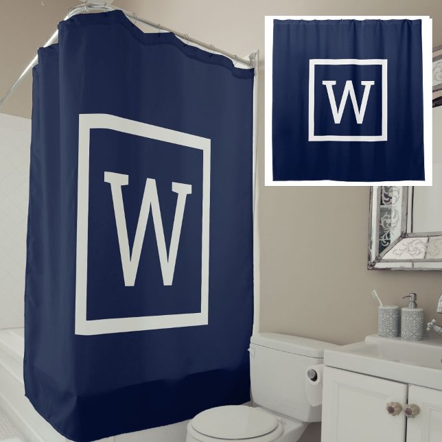 Navy Blue Preppy Graphic Border Monogram Duschvorhang (Navy Blue Preppy Graphic Border Monogram Shower Curtain)