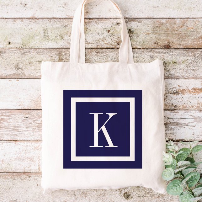 Navy Blue Preppy Square Monogram Tragetasche (Von Creator hochgeladen)