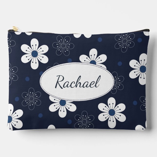 Navy Blue Pretty Floral Personalised Zubehörtasche (Vorderseite)