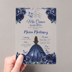 Navy Blue Princess Floral Silver Crown Mis Quince Acryleinladungen