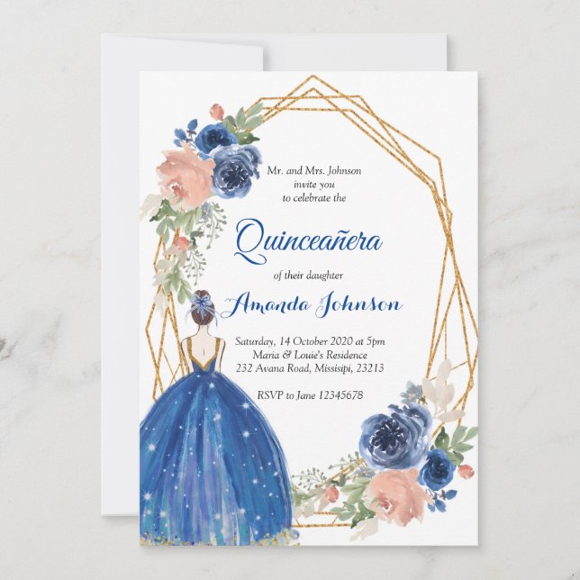Navy Blue Princess Quinceañera Spanisch 15 Geburts Einladung (Vorderseite)