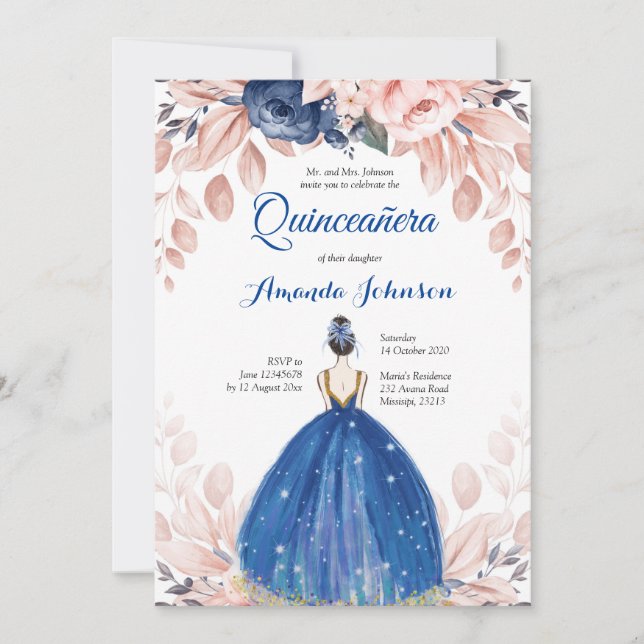 Navy Blue Princess Quinceañera Spanisch 15 Geburts Einladung (Vorderseite)