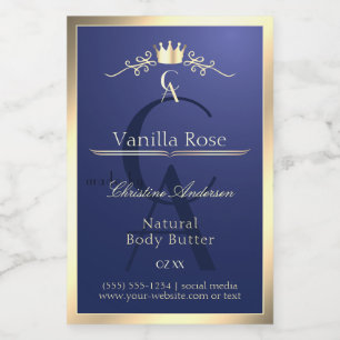 Navy Blue Product Label mit Gold Frame Monogram Lebensmitteletikett