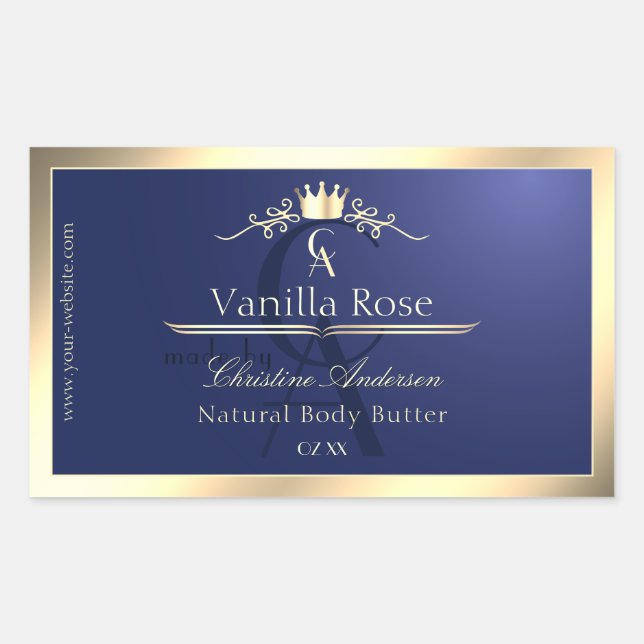 Navy Blue Product Label mit Gold Frame Monogram Rechteckiger Aufkleber (Vorderseite)