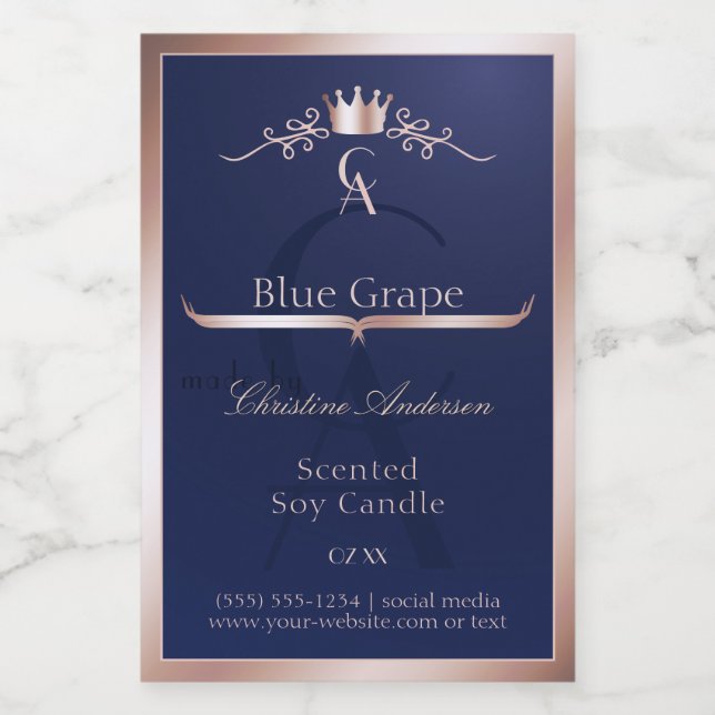 Navy Blue Product Label Rose Gold Frame Monogram Lebensmitteletikett (Einzelnes Label)