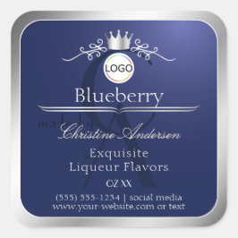 Navy Blue Product Label Silver Frame Logo Monogram Quadratischer Aufkleber