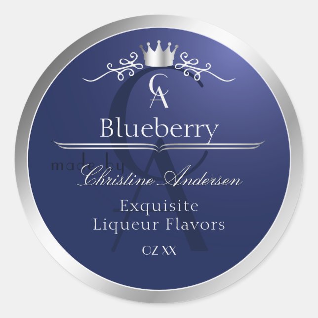 Navy Blue Product Label with Silver Frame Monogram Runder Aufkleber (Vorderseite)