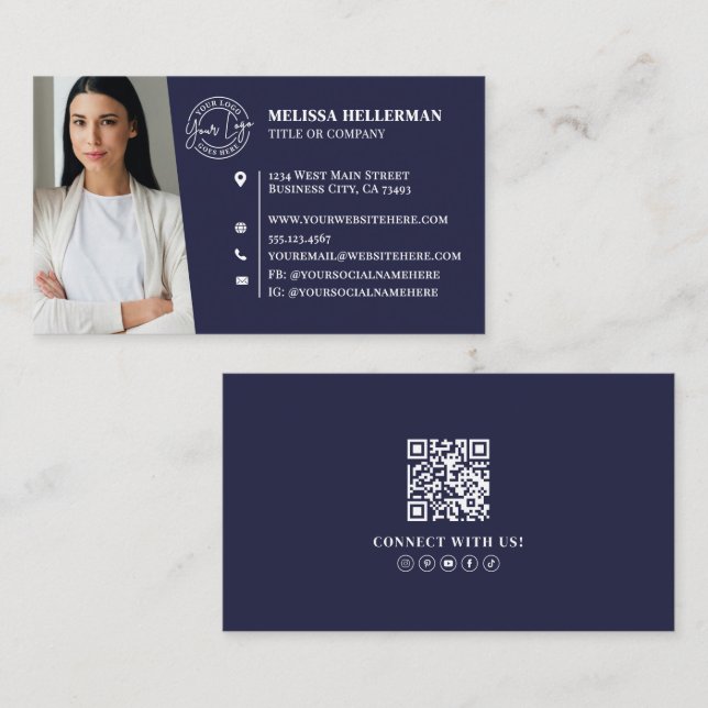 Navy Blue Professional QR Code Photo Logo Visitenkarte (Vorne/Hinten)
