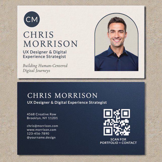 Navy Blue Professional QR Code Photo Metallic Visitenkarte (Von Creator hochgeladen)