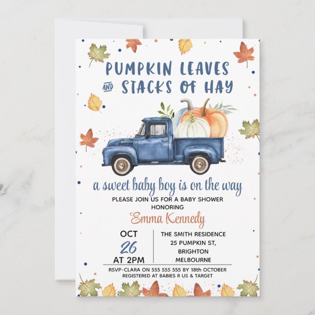 Navy Blue Pumpkin Truck Fall Baby Dusche Einladung