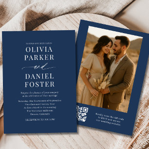 Navy Blue QR Code Elegantes Foto Hochzeit Einladung