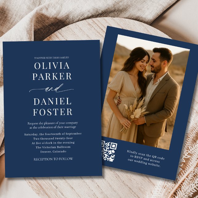 Navy Blue QR Code Elegantes Foto Hochzeit Einladung (Von Creator hochgeladen)