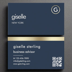 Navy Blue QR Code Imitats Gold Foil Monogram Visitenkarte