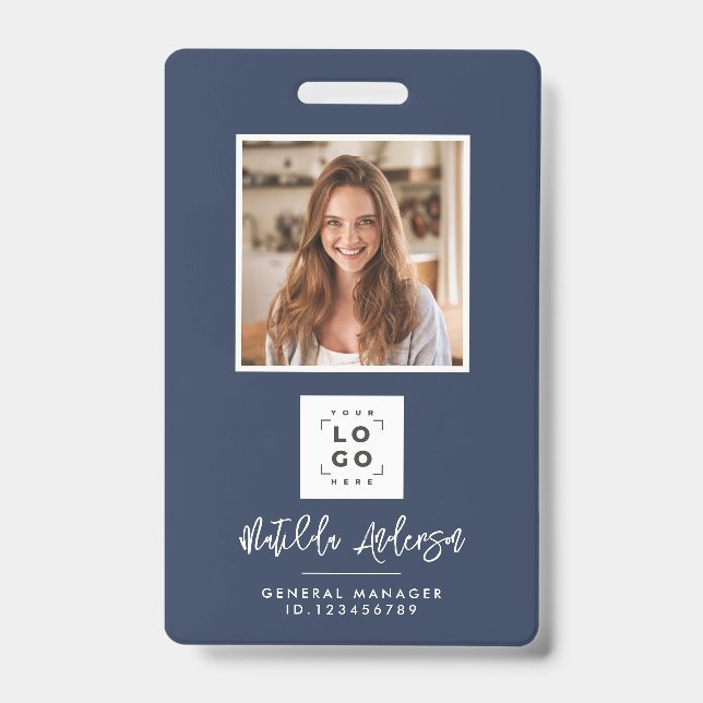 Navy Blue QR Code Modernstes minimales Foto abstra Ausweis (Vorderseite)