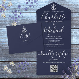 Navy Blue QR Code Script Anchor Nautical Wedding All In One Einladung