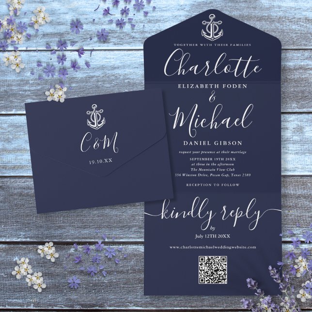 Navy Blue QR Code Script Anchor Nautical Wedding All In One Einladung (Navy Blue QR Code Script Anchor Nautical Wedding All In One Invitation)