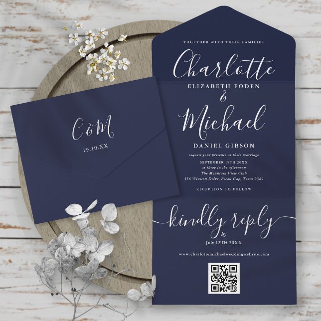 Navy Blue QR Code Script Minimalistisch Hochzeit All In One Einladung (Von Creator hochgeladen)