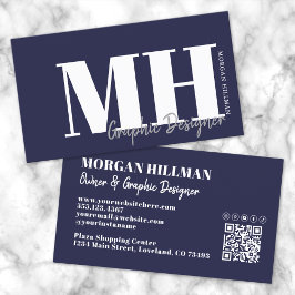 Navy Blue QR Code Simple Monogram Visitenkarte