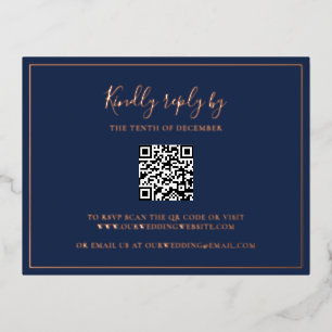 Navy Blue QR Code Wedding Foil RSVP Card Folie Einladungspostkarte