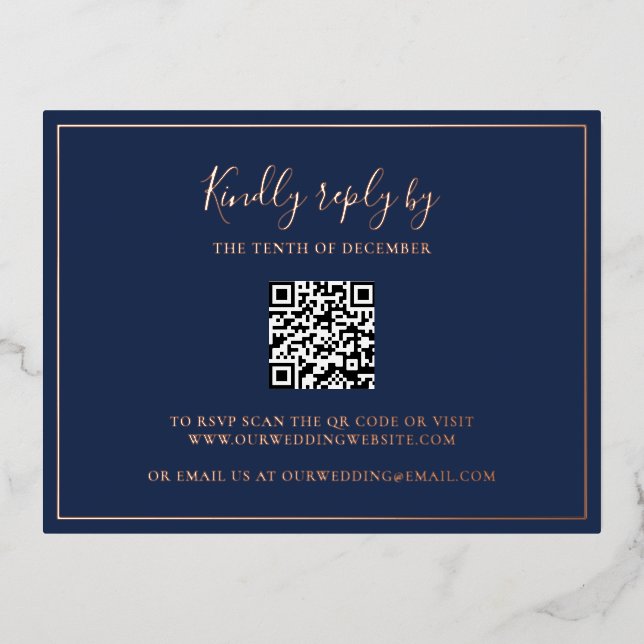 Navy Blue QR Code Wedding Foil RSVP Card Folie Einladungspostkarte (Vorderseite)