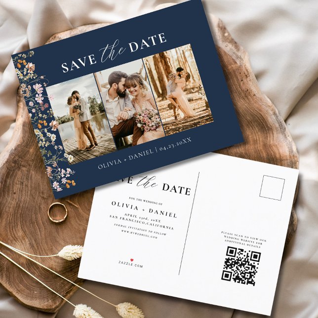 Navy Blue QR Code Wildblume Floral Wedding Ankündigungspostkarte (Von Creator hochgeladen)