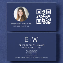 Navy Blue QR Foto Monogram Minimalistisch Visitenkarte