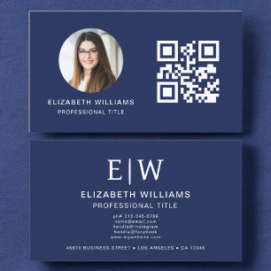 Navy Blue QR Foto Monogram Minimalistisch Visitenkarte
