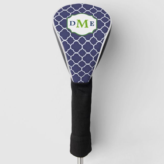 Navy Blue Quatrefoil Green Monogram Golf Headcover (Vorderseite)