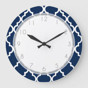 Navy Blue Quatrefoil Pattern Große Wanduhr