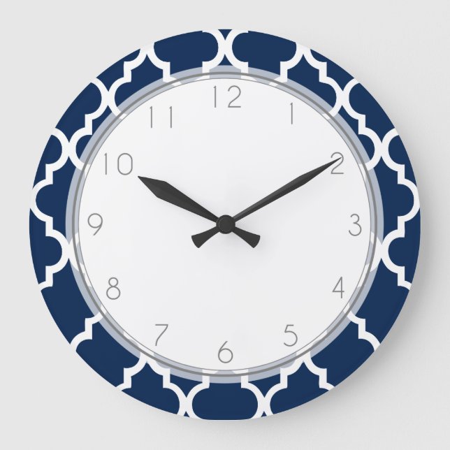 Navy Blue Quatrefoil Pattern Große Wanduhr (Vorderseite)