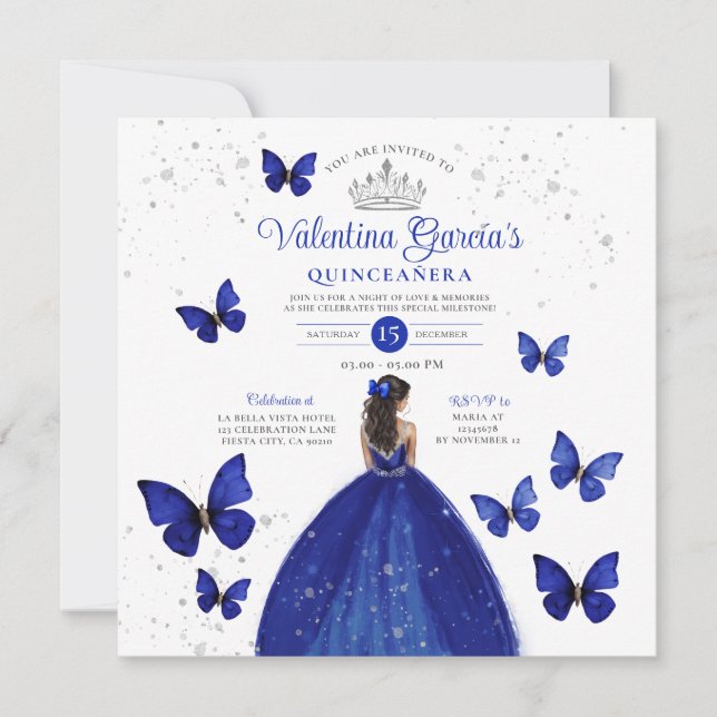 Navy Blue Quinceañera 15 Anos Butterfly Silver in Einladung (Vorderseite)