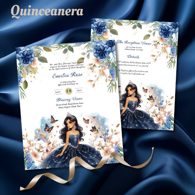 Navy Blue Quinceanera Dress Floral Butterfliegen (Von Creator hochgeladen)