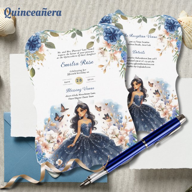 Navy Blue Quinceanera Dress Floral Butterfliegen Einladung (Von Creator hochgeladen)