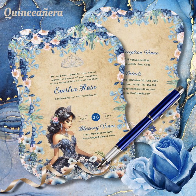Navy Blue Quinceanera Dress Floral Rose Einladung (Von Creator hochgeladen)