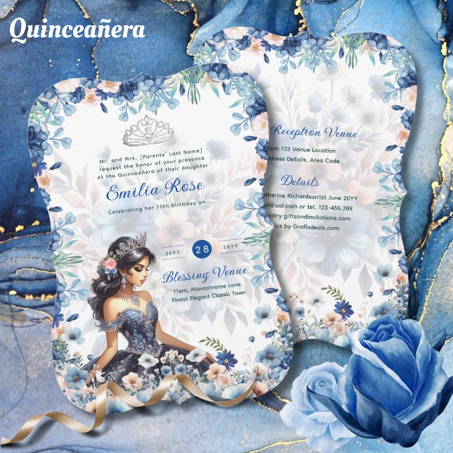 Navy Blue Quinceanera Dress Floral Rose Einladung (Von Creator hochgeladen)
