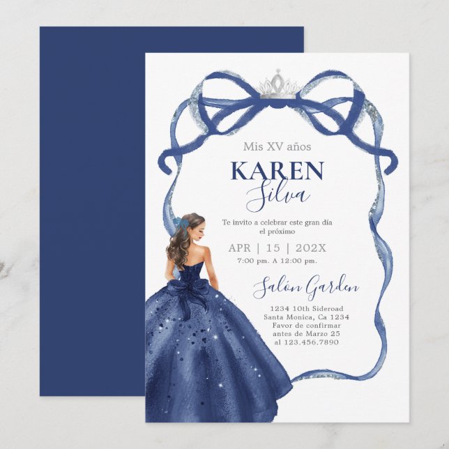 Navy Blue Quinceanera Invitation Einladung (Vorne/Hinten)