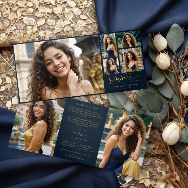 "Navy Blue Quinceañera Invitations" "Trendy Quince Dreifach Gefaltete Einladung (Spanish Navy Blue Trendy Quinceañera Collage 7 Photos Invitations Tri-Fold Cards.)
