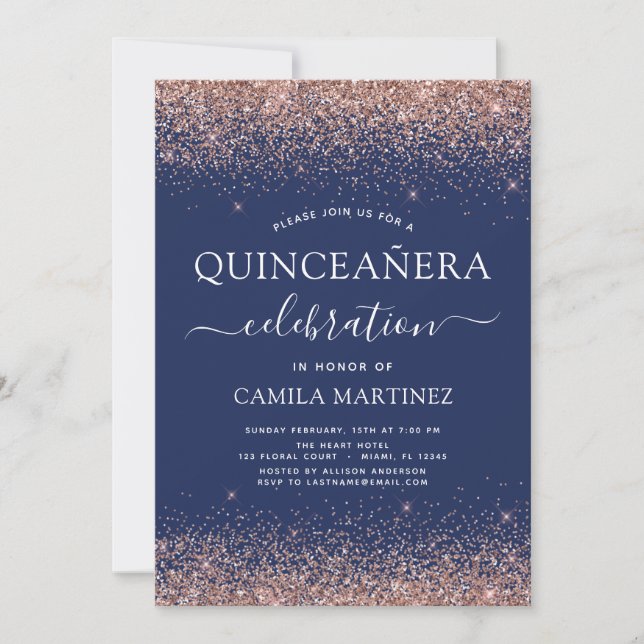 Navy Blue Quinceanera Rose Gold Blank Rosa Einladung (Vorderseite)