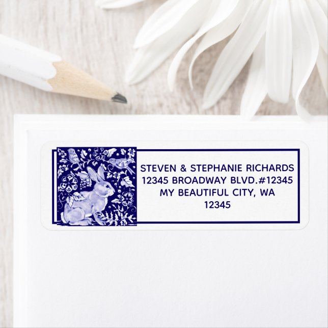 Navy Blue Rabbit Bunny Bird Floral Dedham Delft (Insitu)